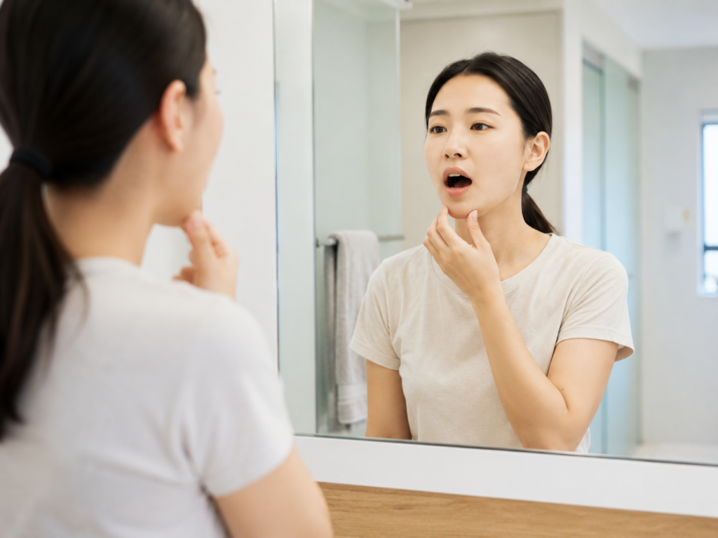 거울 앞에서 턱 움직임과 턱관절 균형을 확인하는 여성