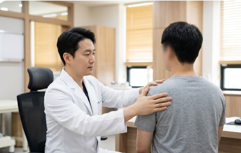 진료 중 견갑골 평가 및 가벼운 교정 시연
