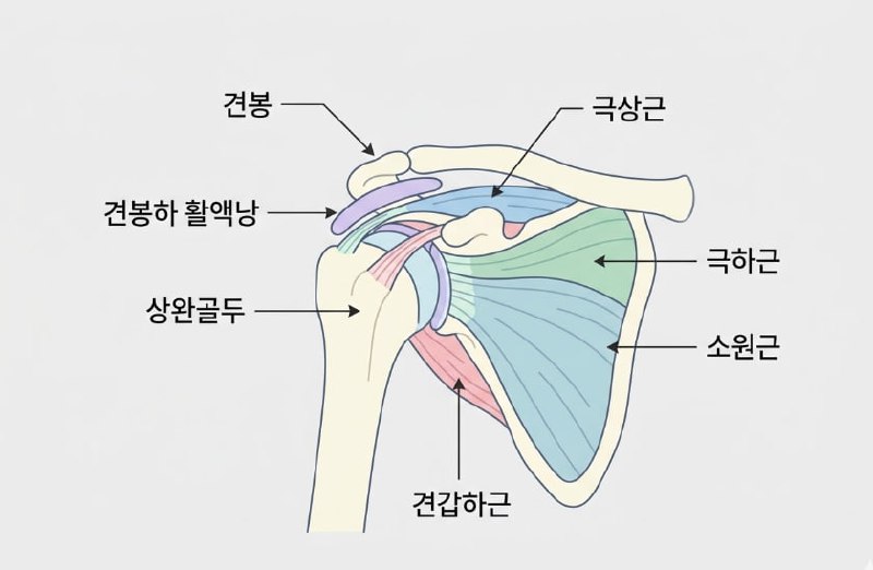 어깨 구조(견봉·회전근개·활액낭) 해부도