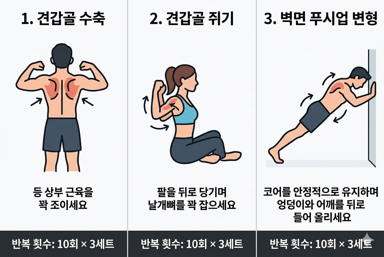 자가관리용 견갑골 안정화 운동 인포그래픽