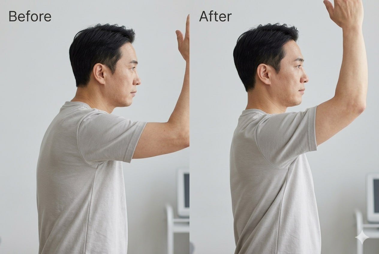치료 전(왼쪽)과 치료 후(오른쪽)의 어깨 가동성 변화