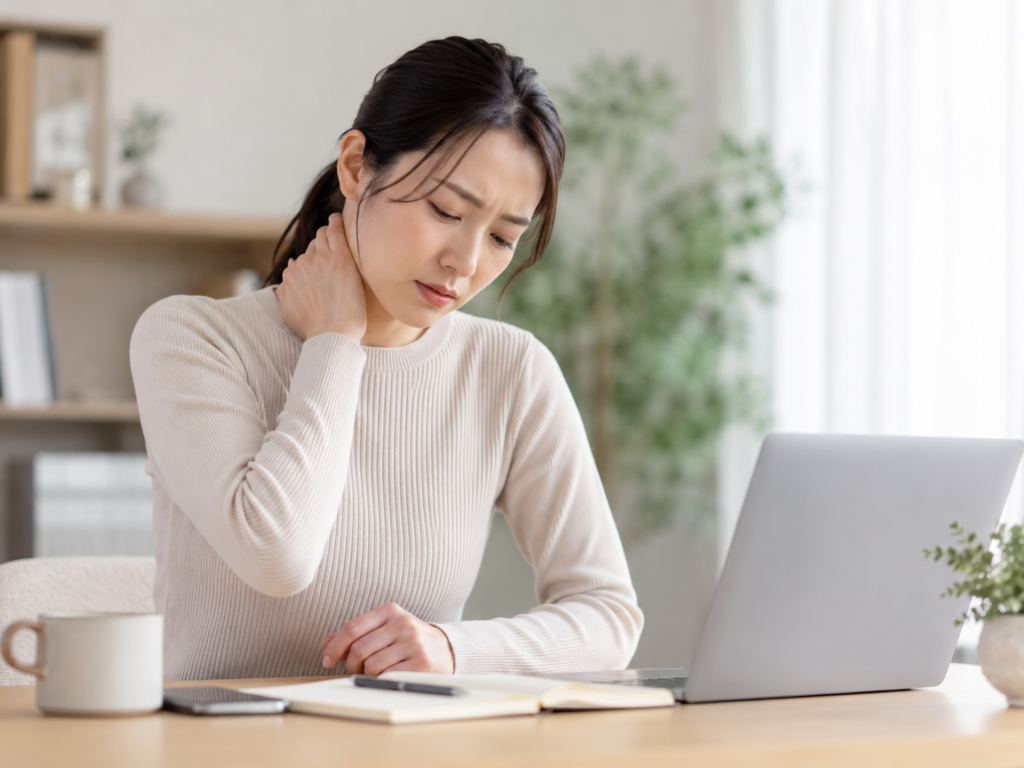 검사상 이상은 없지만 책상 앞에서 어지럼과 목 턱 긴장을 느끼는 여성